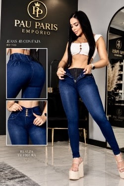 JEAN LEVANTA COLA PREMIUN DE MUJER CINTURA ALTA AZUL SKINNY CON FER: 7058