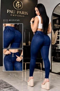 JEAN LEVANTA COLA PREMIUN DE MUJER CINTURA ALTA AZUL SKINNY CON FER: 7058